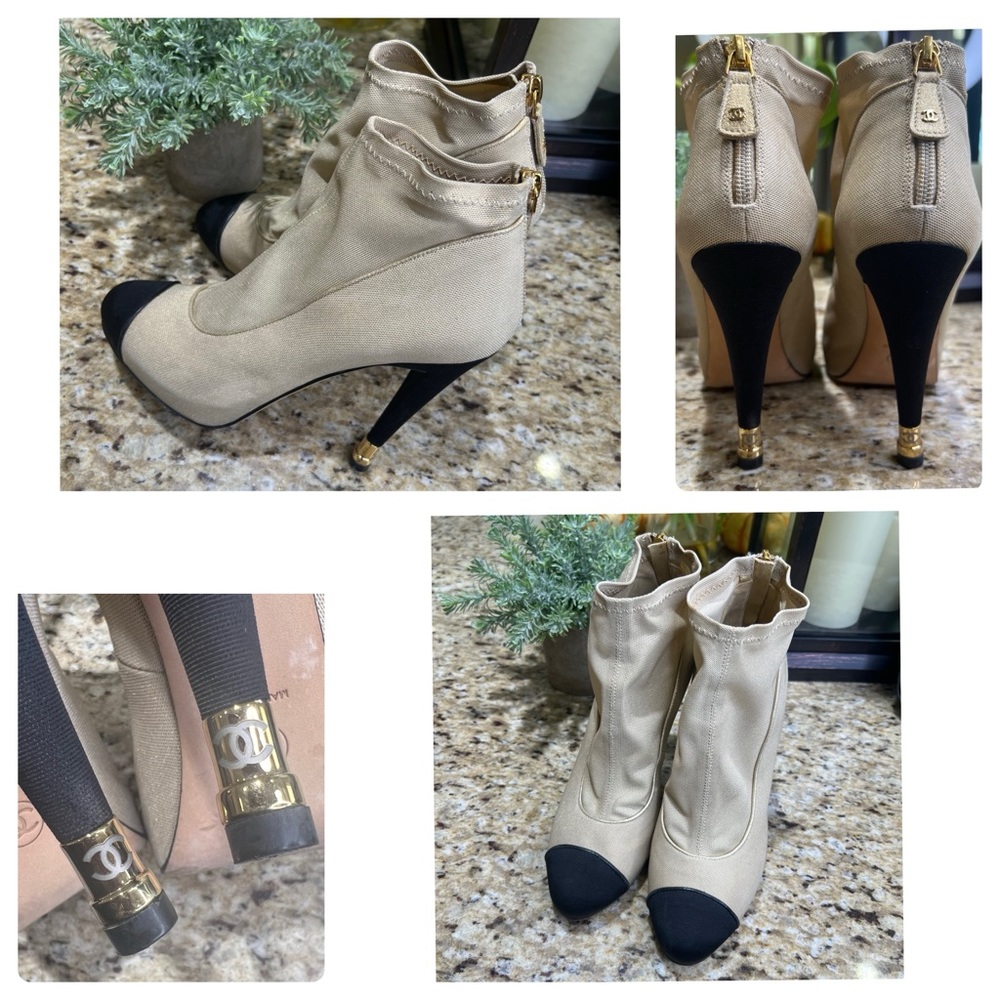 Chanel Black Gold Beige Mesh Satin CC Interlocking Cap Toe Ankle Booties 38.5